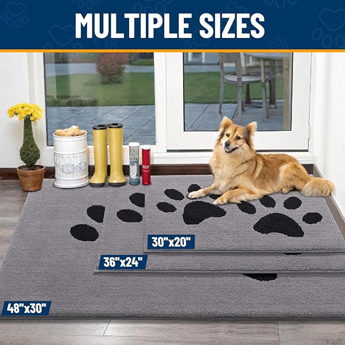 Smiry Dog Door Mat for Muddy Paws, Absorbs Moisture and Dirt, Low-Profile Entryway Mat with Non-Slip Backing, Entry Indoor Outdoor Doormat for Inside Floor (59x35 Inches, Grey, Paw)