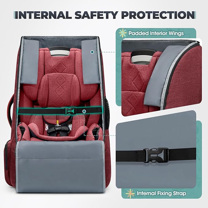RAINSMORE Padded Car Seat Travel Bag for Airplane Heavy Duty Car Seat Backpack for Air Travel Baby Carseat Cover Bags for Airport Large Car Seats Carrier Fits Car Seats & Booster Seats,Red