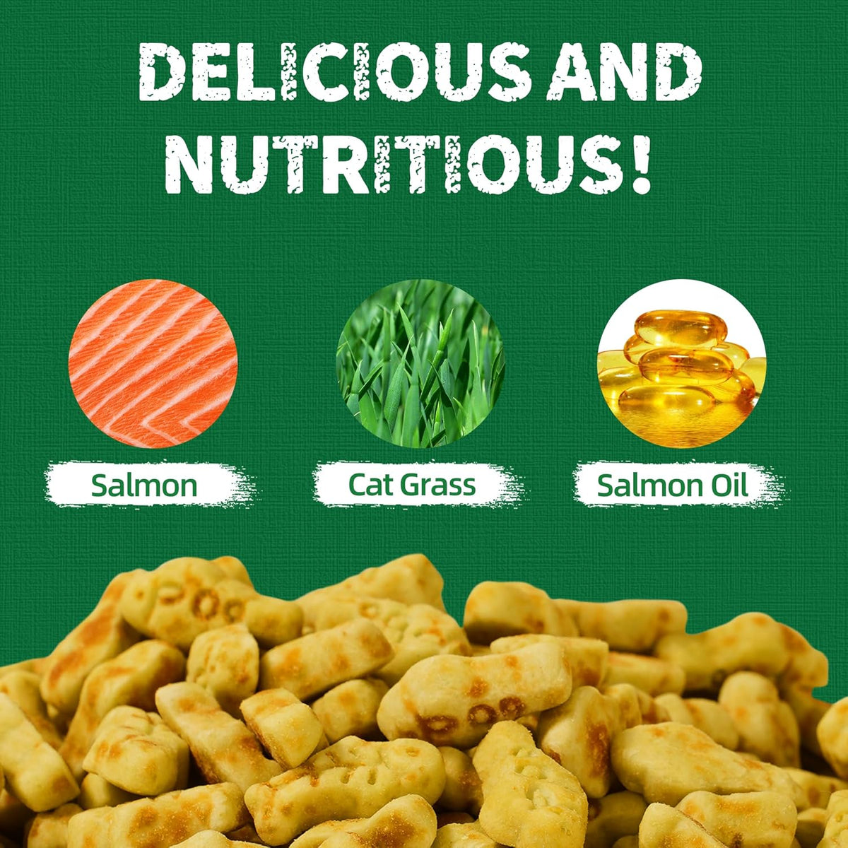 Just Try 13.4 0Z Cat Grass Treats Salmon Oil Natural Salmon Kitten Healthy Cat Treats Training Biscuits Snacks Fish Oil Omega 3 Supplements for Cats Joint Support & Skin Coat Health