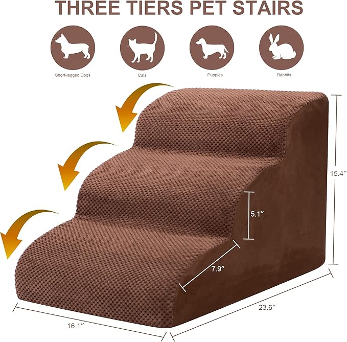 Dog Stairs for Small Dogs, 3 Tiers High Density Foam Dog Ramp, Extra Wide Non-Slip Pet Steps for High Beds Or Couch, Soft Foam Doggie Ladder for Dogs Injured, Older Pets, Small Cats