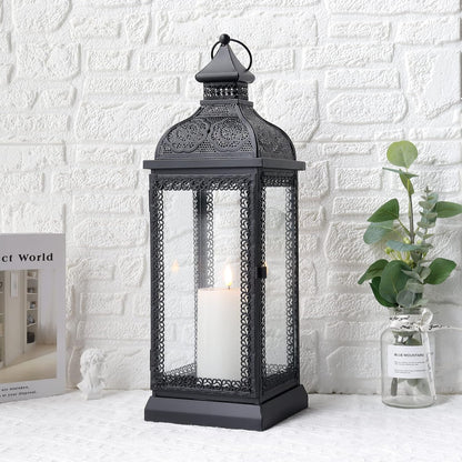 TRIROCKS Rustic Style Metal Candle Lantern 19'' High Decorative Hanging Lantern Candle Holder with Tempered Glass for Christmas Living Room Garden Yard Patio Parties Events Indoors Outdoors(Black)