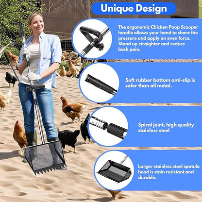 Chicken Poop Scooper & Rake 2-in-1, 304 Stainless Steel Shovel Head, Chicken Litter Scoop with Handle for Chicken Coop & Pet Waste Cleaning, Litter Sifting Shovel (35 to 65") US Patent Pending (Black)