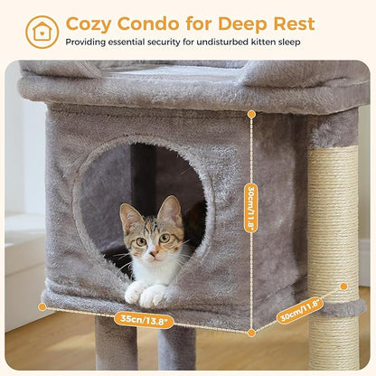 PAWZ Road Cat Tree for Indoor Cats, 26 Inches Cat Tower with Large Perch, Private Condo, Small Cat Condo with Spring Ball & 2 Scratching Posts for Cats-Gray