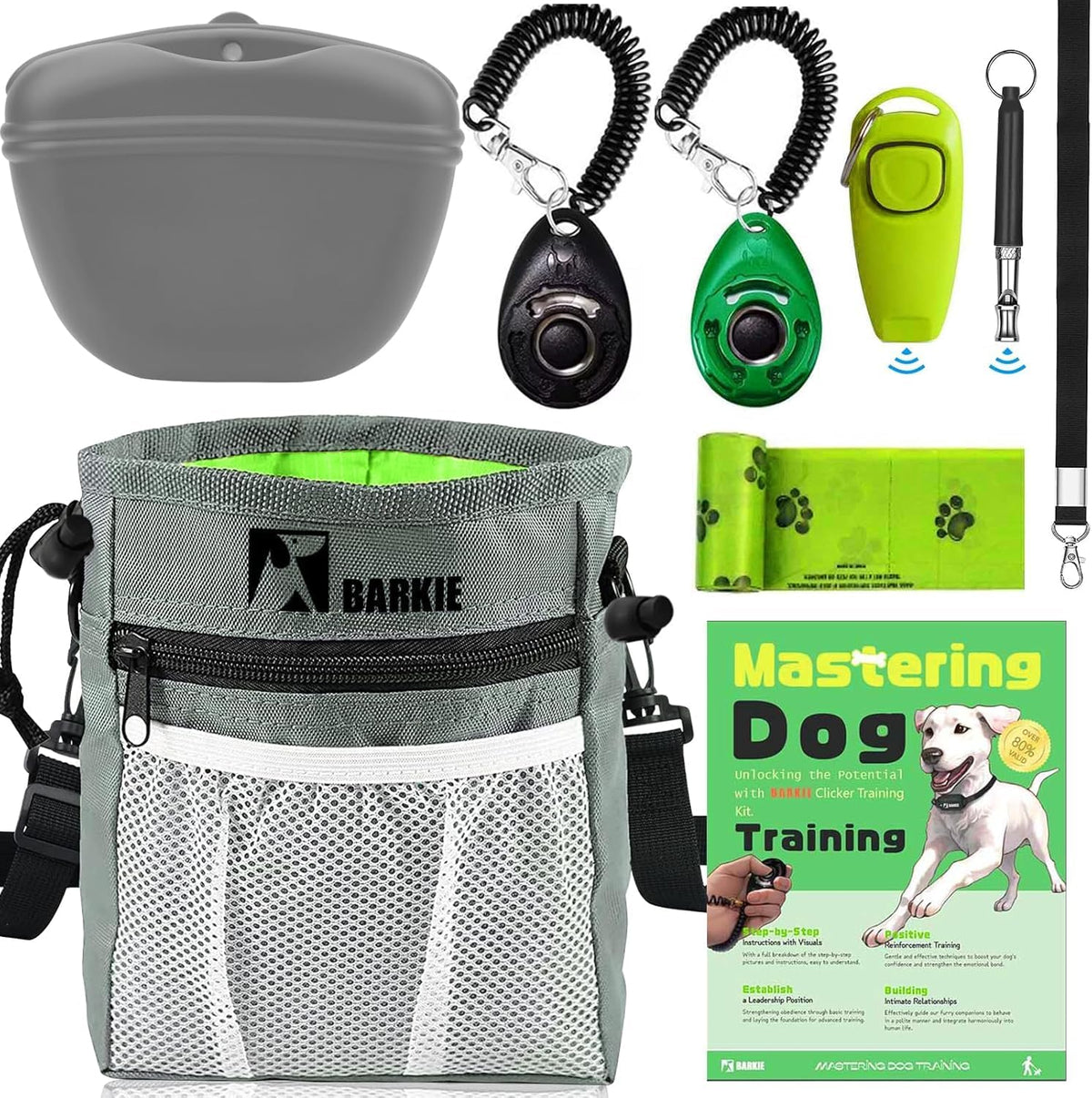 BARKIE Dog Training Kit - Treat Pouch, Pet Training Fanny Pack, 2 Puppy Training Clickers, Ultrasonic Silent Whistle, 2-in-1 Whistle Clicker, Clicker Training Guide Booklet, Dog Poop Bag (Grey)