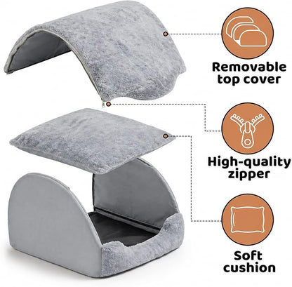 LATIBELL Indoor Puppy House Foldable Pet Tent Cave Bed ，Gray | Foldable Indoor Dog House With Removable Washable Soft Cushion, Covered Cave For Small Puppy