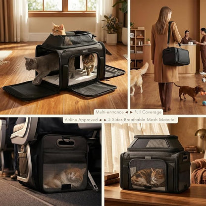 Top-Expandable Pet Carrier with Treat Pet Window,18x13x9.5 Airline Approved | for Southwest Frontier,Soft-Sided Dog Carrier, Anti-Scratch Mesh, Lockable Zippers,Cat Carrier for Kitten,Rabbit,Puppy, Black