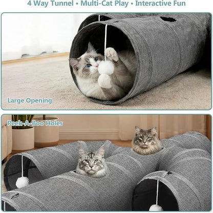 Ownpets Cactus Cat Tunnel 12" with Peek Holes for Indoor Large Cat, Grey | Durable Oxford fabric, noise-free, foldable & connectable, multi-cat friendly, tube for cats up to 20lb, includes ball & wand