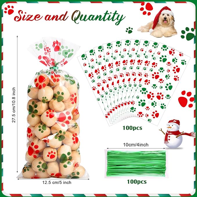 Blulu 100 Pieces Dog Treat Bags Puppy Party Favor Pet Paw Cone Cellophane Bags Candy Heat SealableDog Paw Gift with 100 Pieces Silver Twist Ties for Pet Cat Treat Party Favor(Red and Green)