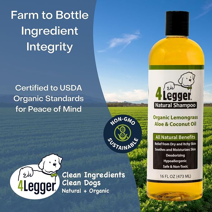 4-Legger Certified Organic Dog Shampoo - All Natural and Hypoallergenic with Aloe and Lemongrass, Soothing for Normal, Dry, Itchy or Allergy Sensitive Skin - Biodegradable - Made in USA - 16 oz