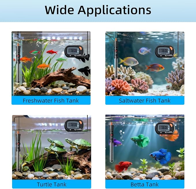 HiTauing Aquarium Heater 25W/50W/100W/200W/300W, Adjustable Knob Fish Tank Heater with Digital Thermometer, Submersible Betta/Turtle Tank Heater for Freshwater and Saltwater Tanks