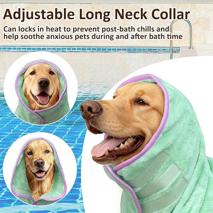 Soft Dog Bathrobe Fast Drying Dog Coat, Super Absorbent Dog Towels for After Bath, Microfiber Pet Robe Adjustable Collar & Belly Warm Keeping Dogs Coat for Pet Dogs & Cats (Green, XX-Large)