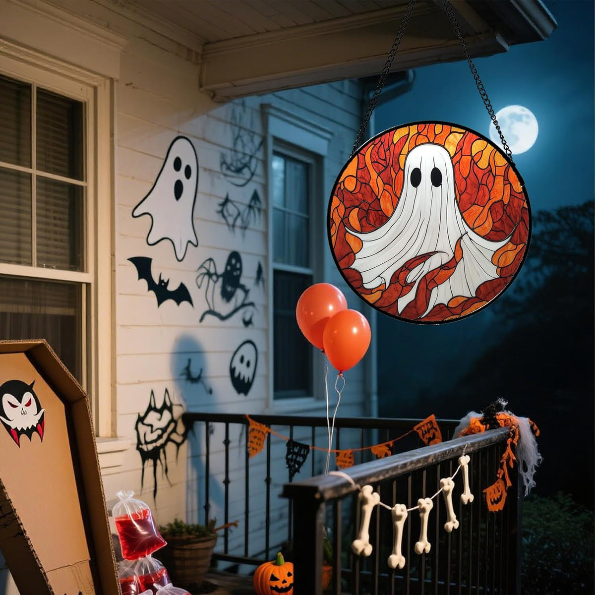 Stained Glass Window Hanging - Halloween Decorations White Ghost Orange Sky Suncatcher for Doors Garden Funny Spooky Sun Catchers Gothic Decor Horror Gifts for Women Men Friend Boy 9.8 in