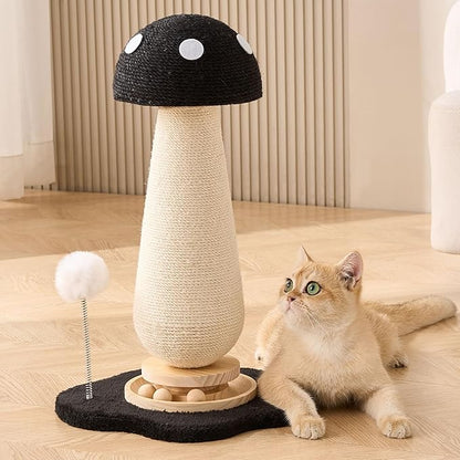 Mushroom Cat Scratching Post Cat Tree, 21.5‘’ H Cute Cat Scratcher Tower with Durable Solid Wood Turntable Toy, Solid Black Mushroom Scratch Post Cat Sisal Scratcher with Catnip for Indoor Cats