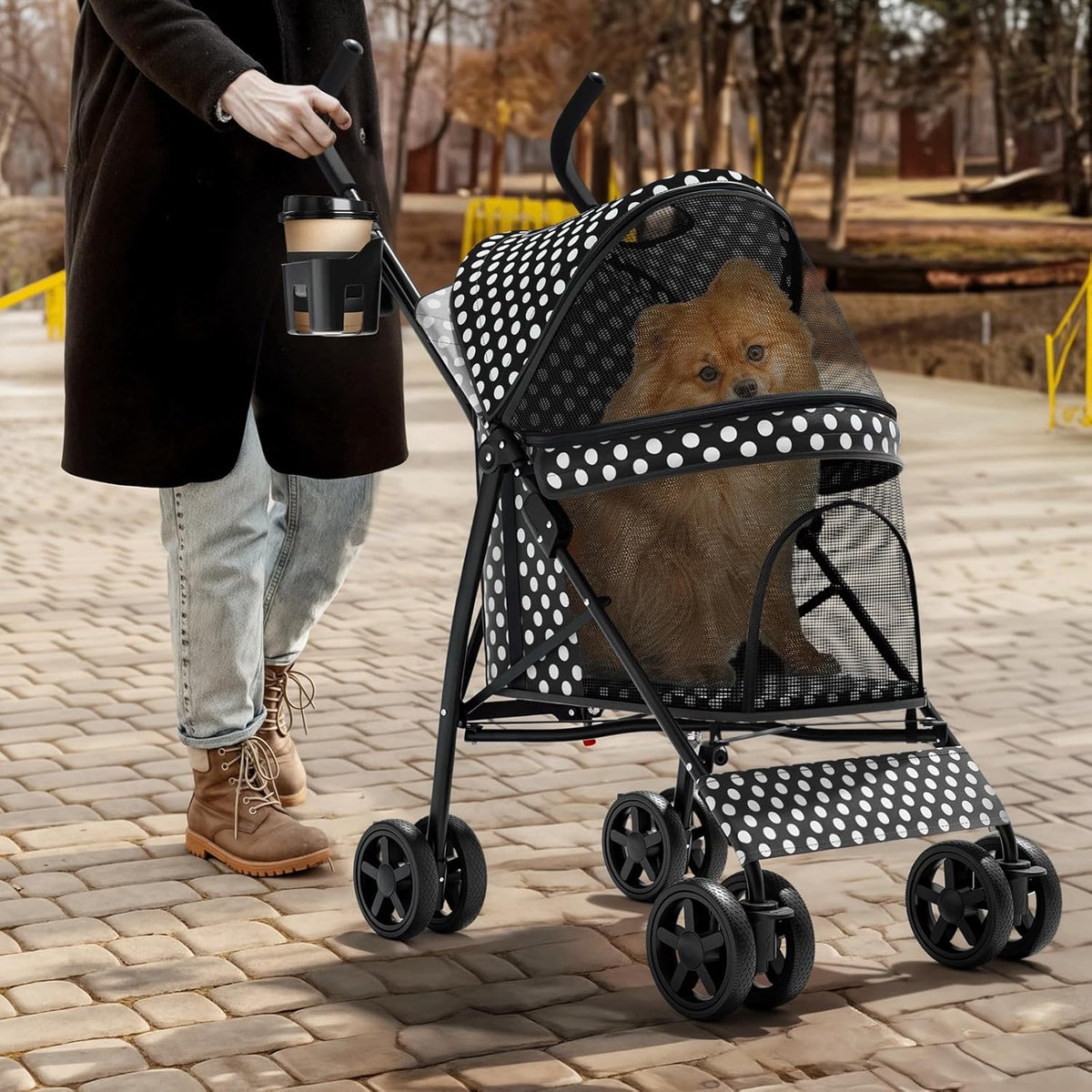 Magshion Compact Pet Stroller for Small-Medium Dogs/Cats up to 22lbs, 4-Wheel Lightweight Umbrella Shaped Portable Puppy Travel Jogger with Breathable Mesh, Cup Holder & Rear Storage, Black Polka Dots
