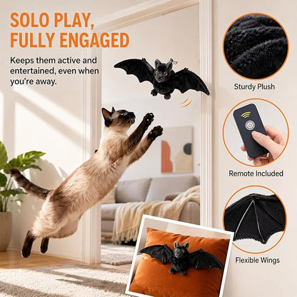 Interactive Flying Bat Dog Toy, Flapping Wings Cute Bat for Indoor Cats & Dogs, Automatic Flapping Wings with Chirping Sounds, Touch Activated, Rechargeable for Solo Play，Manual Switch