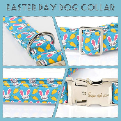 Unique style paws Dog Collar Metal Buckle Collar for Easter Gift Pink Ear Rabbit Carrot Durable Cotton Collar for Small Medium Large Boys Girls Dogs