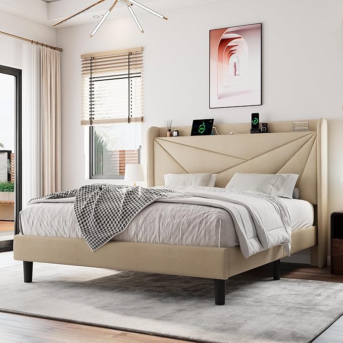 Full Size Upholstered Bed Frame with Charging Station, Platform Bed Frame with Storage Headboard, Solid Wood Slats Support, No Box Spring Needed, Beige