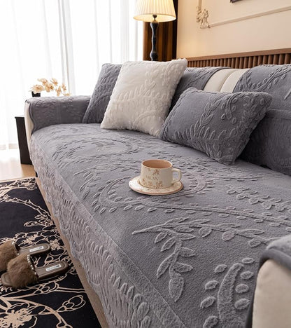 Grey Fuzzy Rabbit Plush Sofa Cover Cozy Warm Sofa Couch Covers with 3D Jacquard Leaf Pattern Non-Slip Easy-to-Install Shaggy Sofa Slipcover Prefect for Kids Dogs Cats Cats(Grey,36"x36")
