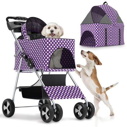 Magshion Foldable Pet Stroller, 3-in-1 Dog Travel Jogger with Detachable Carrier, Cup Holder, Storage Basket, Folding Carrier for Small/Medium Dogs & Cats Up to 33 lbs, Purple Polka Dots