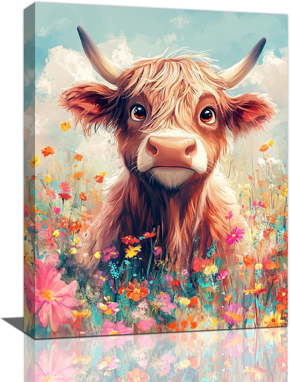 Highland Cow Wall Art Canvas Flower Cattle Wall Decor Prints Framed Painting Animal Pictures Gifts Artwork for Bathroom Living Dining Kitchen 16"x20"