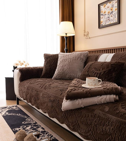 Fuzzy Rabbit Plush Sofa Cover Cozy Warm Sofa Couch Covers with 3D Jacquard Leaf Pattern Non-Slip Easy-to-Install Shaggy Sofa Slipcover Prefect for Kids Dogs Cats Cats(Caramel,36"x94")