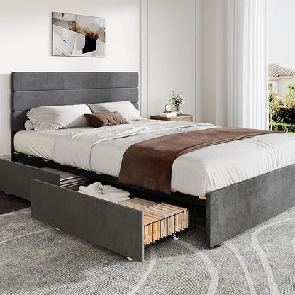 WLIVE Queen Size Upholstered Bed Frame with 4 Drawers and Velvet Square Tufted Headboard, Sturdy Metal & Wooden Slats Support, No Box Spring Needed, Easy Assembly, Dark Grey