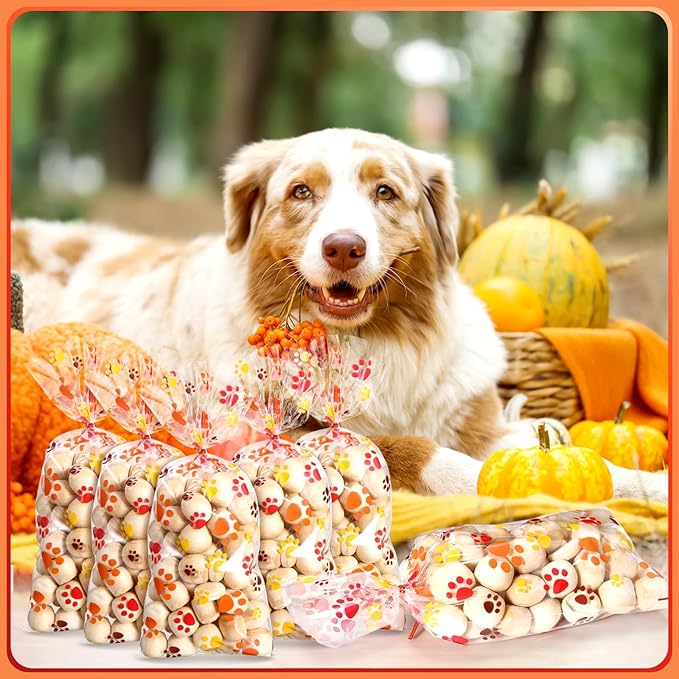 Blulu 100 Pieces Dog Treat Bags Puppy Party Favor Pet Paw Cone Cellophane Bags Candy Heat SealableDog Paw Gift with 100 Pieces Silver Twist Ties for Pet Cat Treat Party Favor(Orange, Brown, Yellow)
