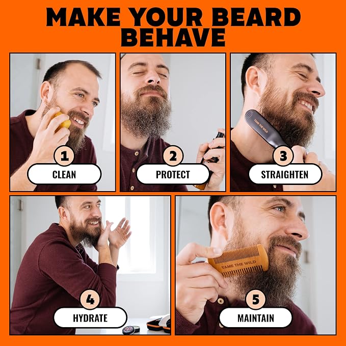 Tame the Wild Premium Beard Grooming Kit - Heated Beard Brush, Straightener Comb, Heat Protectant Spray, Beard Soap, Balm, Wooden Comb, and Storage Case
