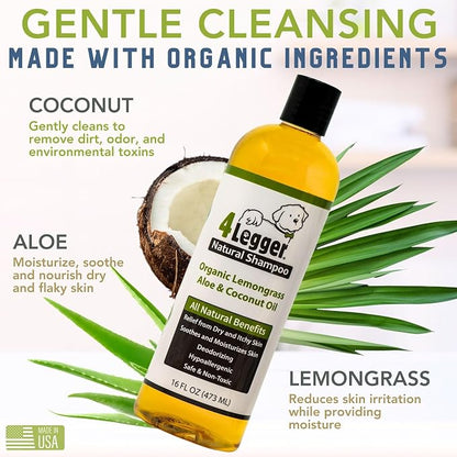 4-Legger Certified Organic Dog Shampoo - All Natural and Hypoallergenic with Aloe and Lemongrass, Soothing for Normal, Dry, Itchy or Allergy Sensitive Skin - Biodegradable - Made in USA - 16 oz