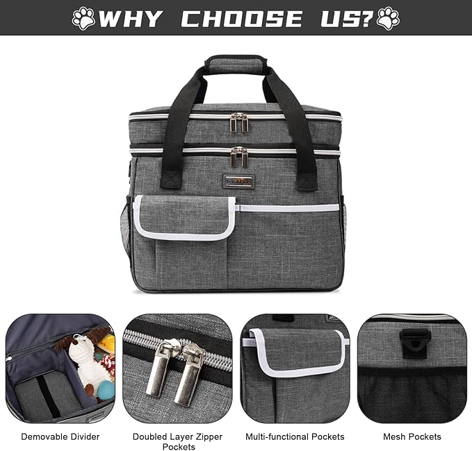 BAGLHER Dog Travel Bag for Supplies - Double-Layer Airline Approved Weekend Pet Travel Organizer Set for Dog and Cat Tote with 2 Pet Food Containers and 2 Collapsible Silicone Bowls Grey