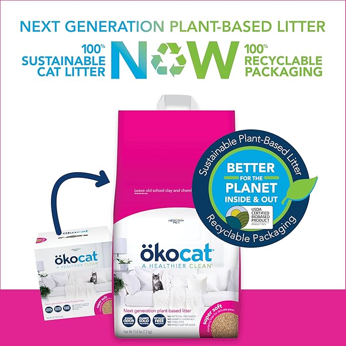 ökocat Super Soft Wood Clumping Cat Litter, Unscented, 15.8 pounds - Natural Ingredients, Stops Odor, Clumps Solid, 99% Dust Free, Great for All Cats, Sensitive Paws, Kittens
