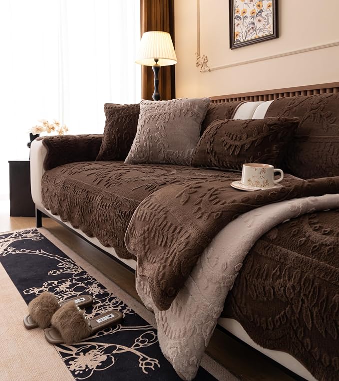 Fuzzy Rabbit Plush Sofa Cover Cozy Warm Sofa Couch Covers with 3D Jacquard Leaf Pattern Non-Slip Easy-to-Install Shaggy Sofa Slipcover Prefect for Kids Dogs Cats Cats(Caramel,36"x82")