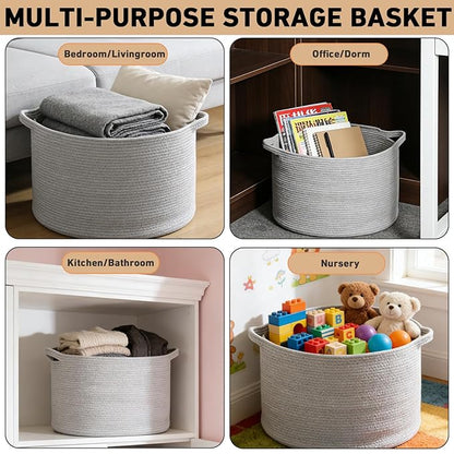 65L Large Blanket Basket,19.7" L x 19.7" W x 13" H Rope Woven Baskets with Handles, Toys Storage Bins,Laundry Basket Perfect for Living Room, Nursery,Bedroom,Home Organization,Light Gry