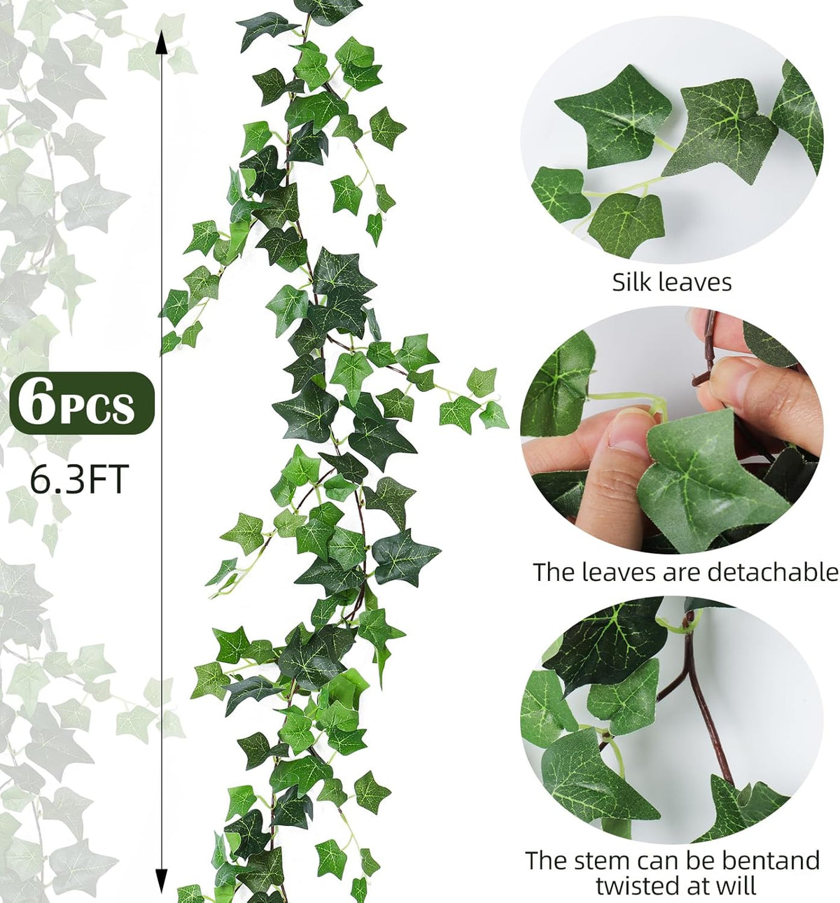 RECUTMS 6 Strands Artificial Vines Ivy Garland 6.4Ft Fake Vine with Silk Green Leaves Ivy Vines Faux Hanging Plants Greenery Decoration Vines for Home Wall Wedding Room Indoor Outdoor Decor(lvy)