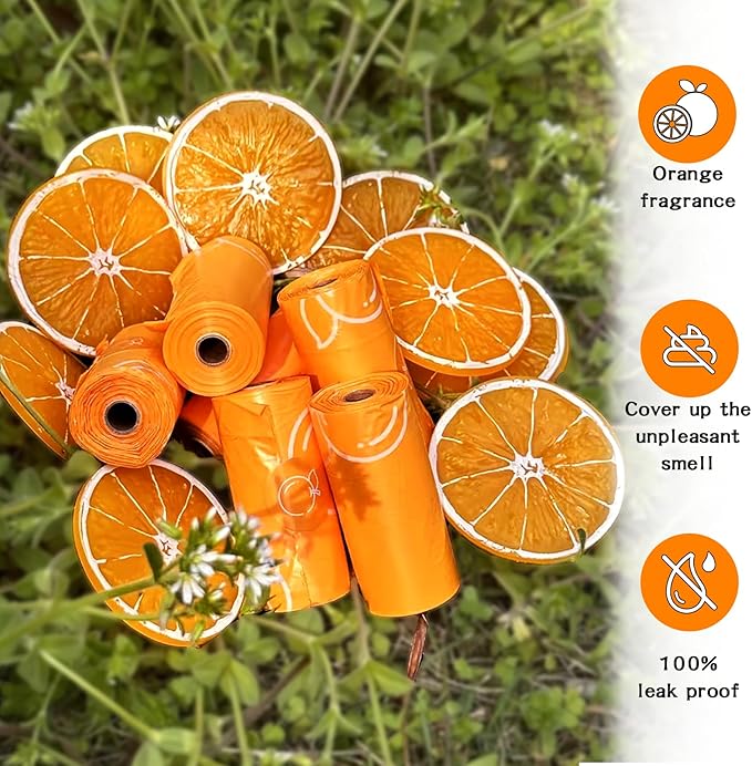 Citrus Scented Dog Poop Bags - 360 counts Orange Pet Waste Bags with Dispensers, Extra Large 13x9 Inch Leak-Proof Fragrance Bags for Dogs Walking and Cat Litter