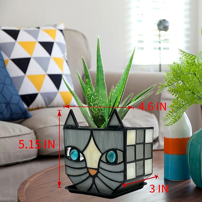 Unique Stained Glass Gray Cat Planter, Plant Pots Indoor,Indoor Flower Pots with Drainage,Window Sill Cat Decoration Gift,4.6x5.15x3IN