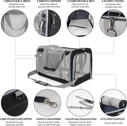 Pet Carrier for Large Cats of 20 Lbs, Collapsible Carrier Bag for Big Cat or 2 Kittens,Soft Sided Puppy Carrier with Sturdy Travel Transport Strap, Adequate Ventilation, 4 Mesh Windows (Black)