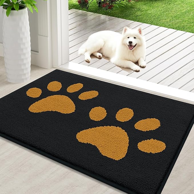 Buganda Dog Door Mat for Muddy Paws, Absorbent Dirt Trapper Washable Indoor Doormats, Non Slip Low-Profile Mud Mat for Dogs, Front Entrance Doormat for Inside Floor (36x24 Inches, Black and Yellow)
