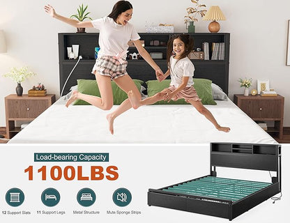 EnHomee Queen Bed Frame with 6 Storage Drawers Queen Size Bed Frame with Headboard, Storage Bed with Charging Station, No Noise,No Box Springs Needed,Black