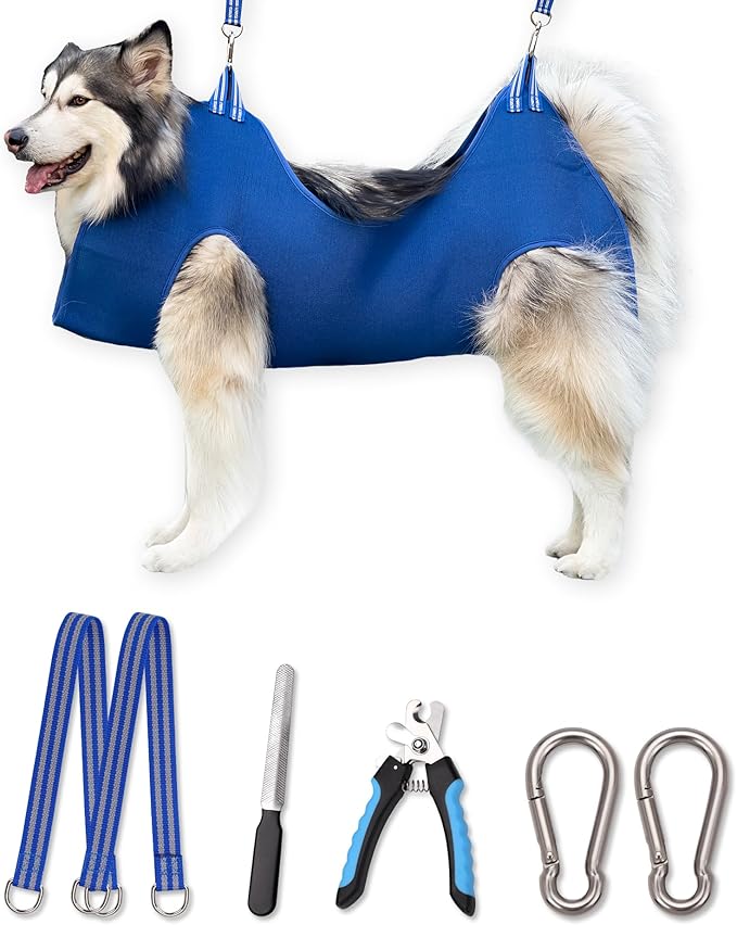 10 in 1 Dog Pet Grooming Hammock Harness with Nail Clippers/Trimmer, Nail File,Dog Nail Hammock, Dog Grooming Sling for Nail Trimming/Clipping (XXXL/Under 130lb, Blue)