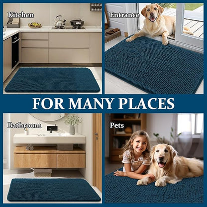 OLANLY Dog Door Mat for Muddy Paws 36x24, Absorbs Moisture and Dirt, Absorbent Non-Slip Washable Doormat, Quick Dry Chenille Mud Mat, Entry Indoor Entryway Carpet for Inside Floor, Atlantic Blue