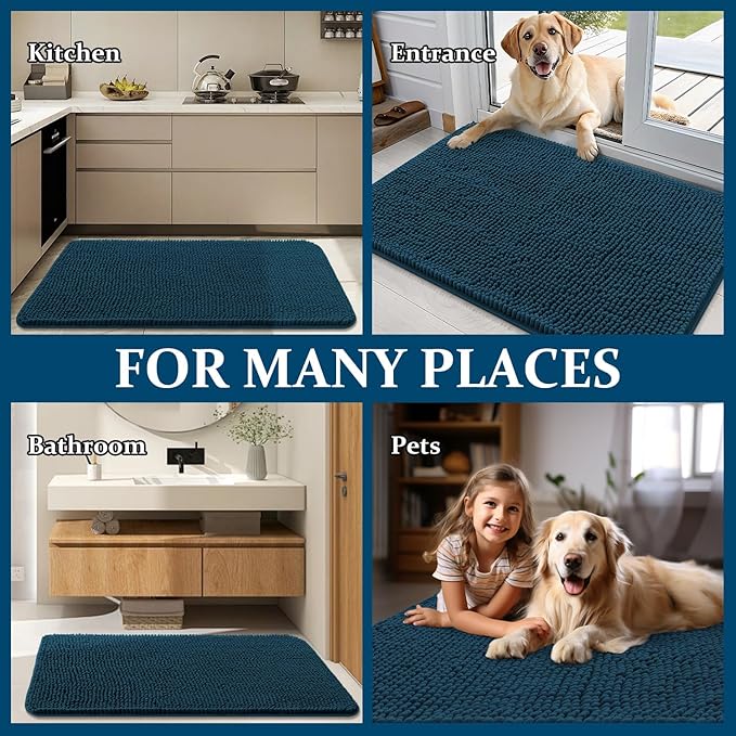 OLANLY Dog Door Mat Set 2-Piece 30x20, Absorbs Moisture and Dirt, Absorbent Non-Slip Washable Doormat, Quick Dry Chenille Mud Mat for Dogs, Entry Indoor Entryway Carpet for Inside Floor, Atlantic Blue