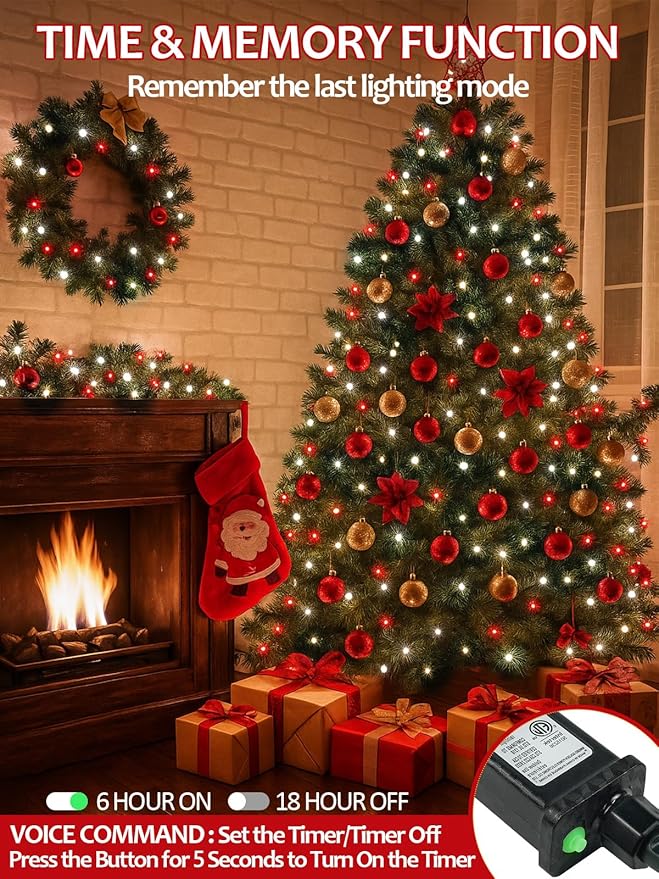 Voice Controlled Smart Christmas String Lights, 75.8ft 200 LED Extendable Fairy Lights with 7 Voice Commands, 12 Modes & Timer, Waterproof Christmas Decorations for Party Tree Garden (Red and White)