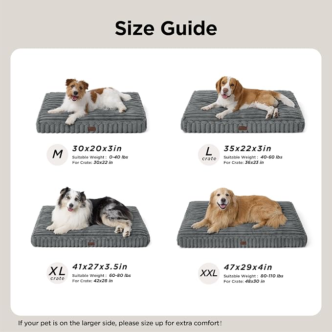 Bedsure ComfyFleece™ Fluffy XL Dog Bed, Extra Large Crate Pillow 41x27 Grey | Aesthetic Crate Bed for Balanced Support Cute Chopped Foam Pad with Removable Washable Cover Non-Slip Waterproof Cozy Pet Mat