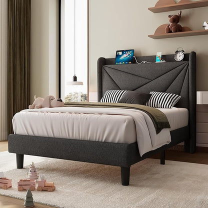 iPormis Twin Size Bed Frame with Charging Station, Linen Platform Bed Frame with Wingback Upholstered Headboard, Solid Wood Slats Support, No Box Spring Needed, Easy Assembly, Dark Grey