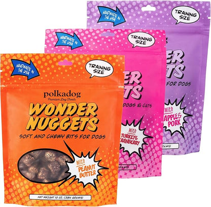 Polkadog Wonder Nuggets Variety 3-Pack– Includes Peanut Butter, Turkey & Cranberry, Apple & Pork – Soft & Chewy, Limited Ingredient Healthy Training Treats – Natural, Made in USA – 10 oz (Pack of 3)