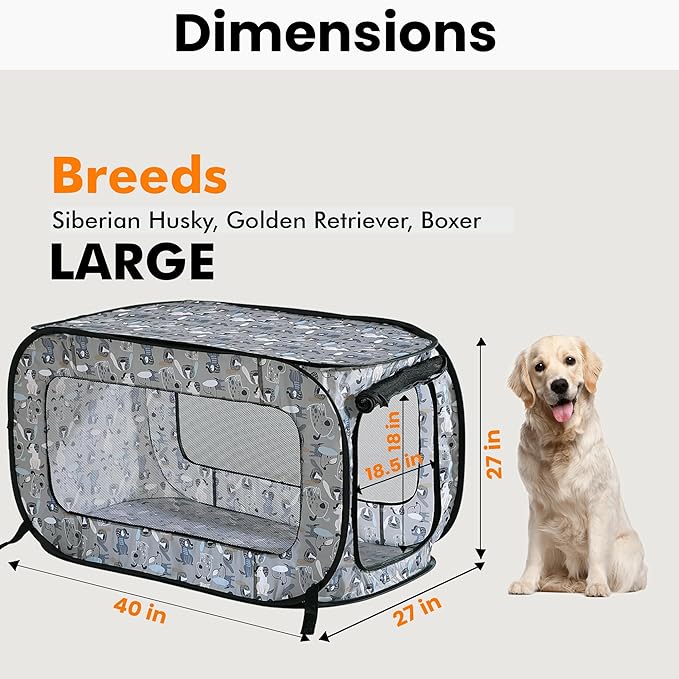 Beatrice Home Fashions Portable, Collapsible, Pop Up Kennel Travel Cat and Dog Crate, 40" L x 27" W x 27" H, Tail Waggers