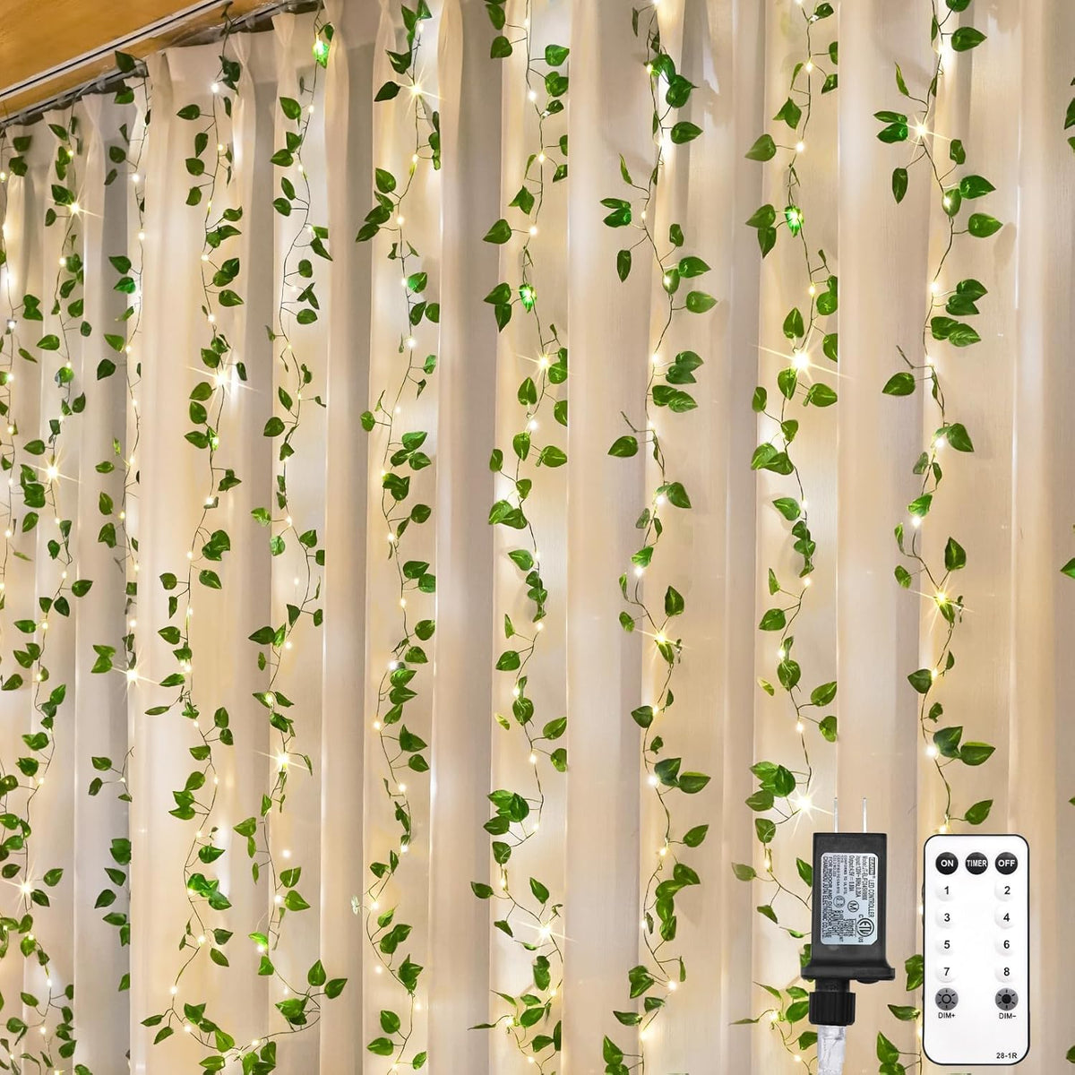 suddus 200 LED Vine with Light Plug in, 6.5ft x 6.5ft Pothos Fairy Curtain Lights with Remote, Leaf Fairy Lights for Wall,Bedroom, Dorm, Wedding, Party, Indoor Decor(Warm White)