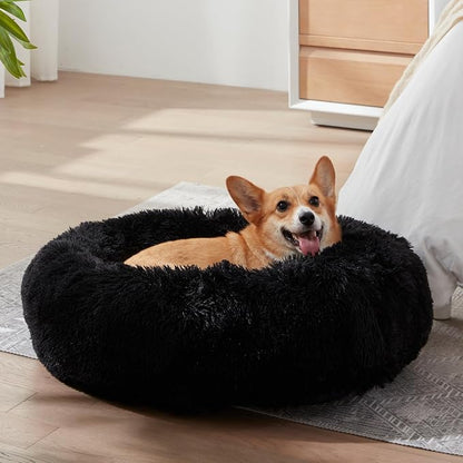 Western Home Calming Donut Cat Bed Small Dog Bed Washable,20" Black | Fluffy Faux Fur Round Cuddler,Anti-Anxiety,Anti-Slip Bottom,Self-Warming Pet Bed for Small Dog&Kitten&Puppy,Up to 12 LBS