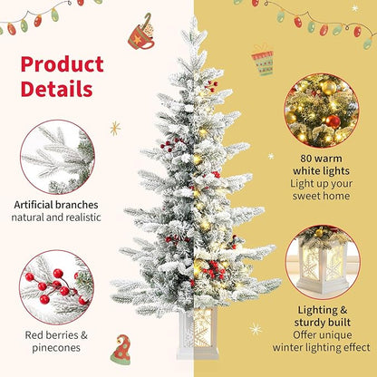 Small Pre-Lit Christmas Tree with LED Lights - 3.5FT Snow Flocked Ariticifial Tree with Snowflake Base, Battery Operated & Auto Timer for Home Office Xmas Decor